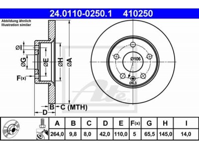 Brzdový kotúč ATE 24.0110-0250.1 (zadný, 264 mm)