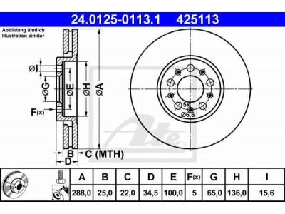 Brzdový kotúč ATE 24.0125-0113.1 (predný, 288 mm)